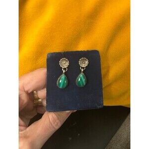 Vintage Native American Sterling Silver & Malachite pierced drop dangle earrings